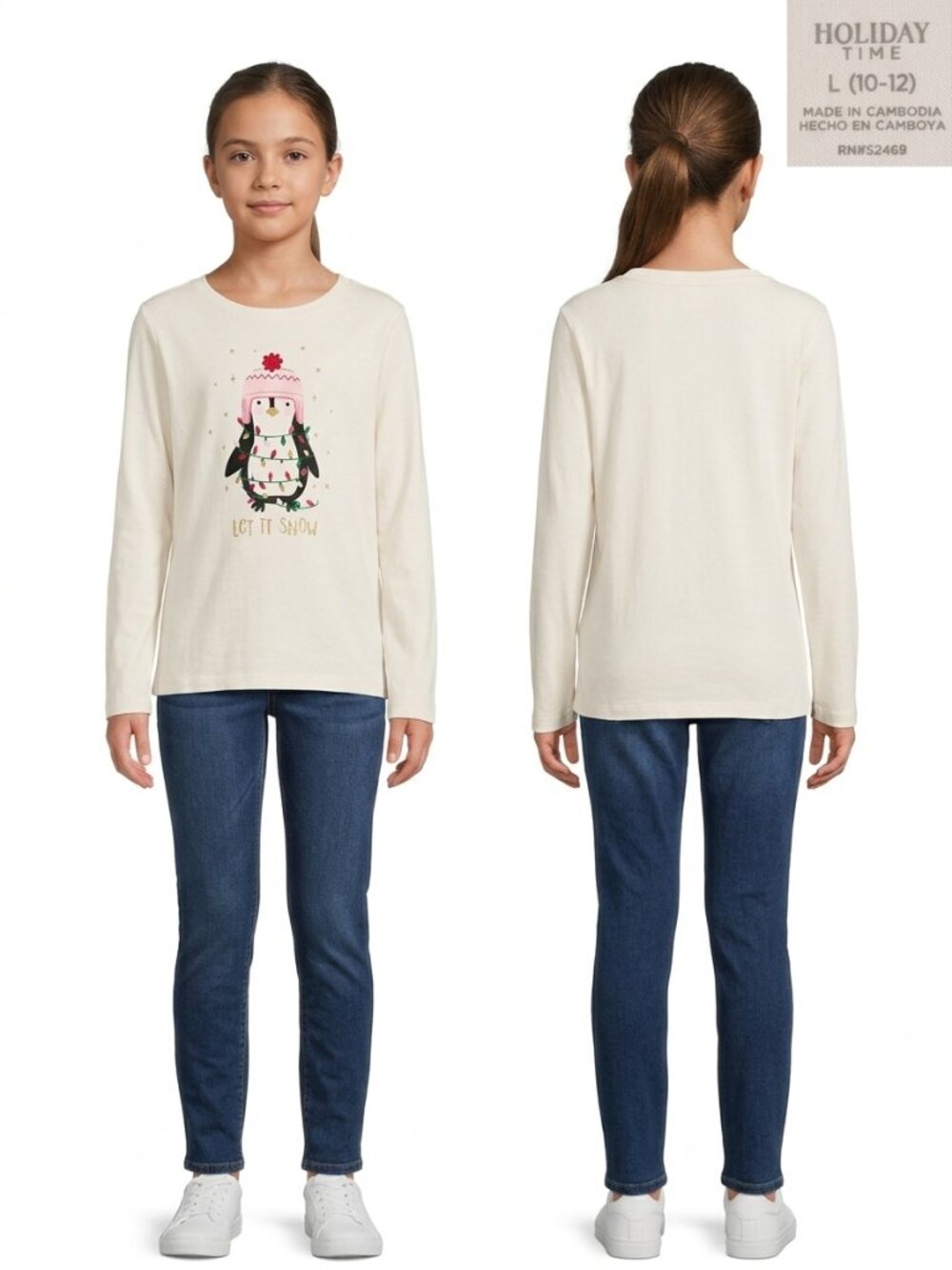 HOLIDAY TIME Girl's Off-White Pullover with Christmas Penguin - Size large
